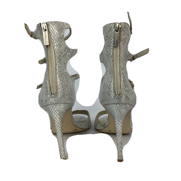 BCBG Sandals Womens Sz 10 Silver Gray Snake Print Stiletto Buckles Ankle Straps - Picture 4 of 9